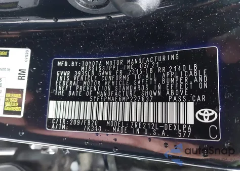 2021 Toyota Corolla Le from USA, damaged, VIN 5YFEPMAE6MP227837